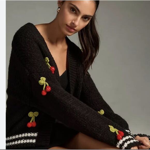 Anthropologie Maeve 3D Cherry Print Varsity Knit Cardigan Sweater One Size - Picture 1 of 4